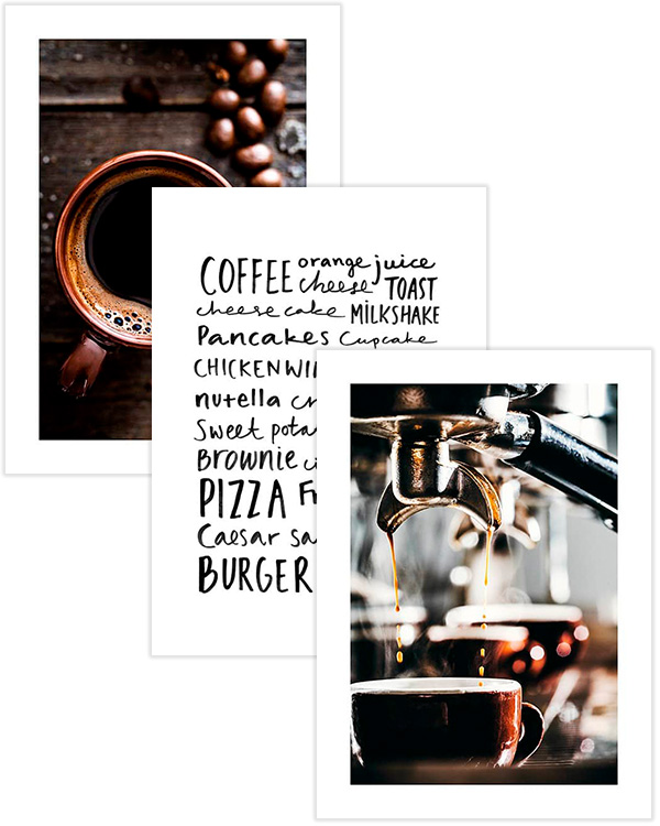 – Køkken kunstprint af kaffe prints i brun kombineret med et citat
