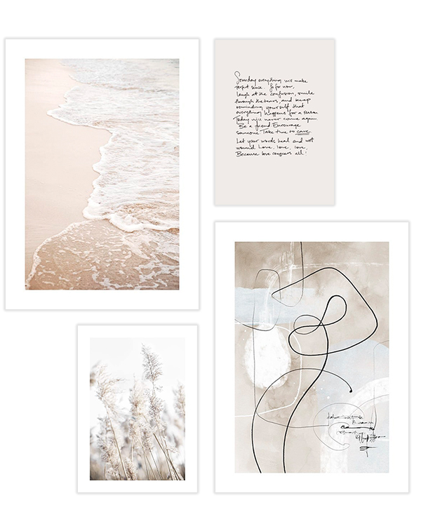 – Plakatpakke med beige stregkunst, typografi og beige strand