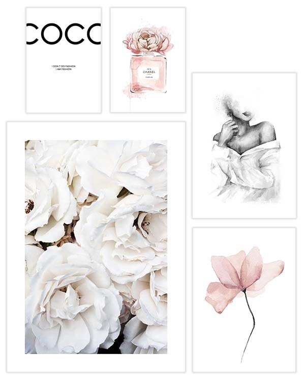 – Modeillustrationer, citater og blomster i lyserødt og hvidt