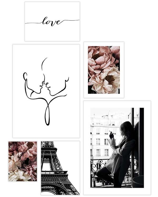 – Illustrationer i stregkunst, lyserøde blomster og monokrome modefotografier 