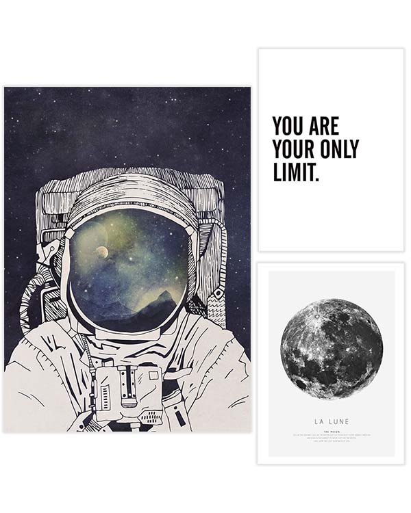 – Astronaut, måne og citat plakatpakke samling