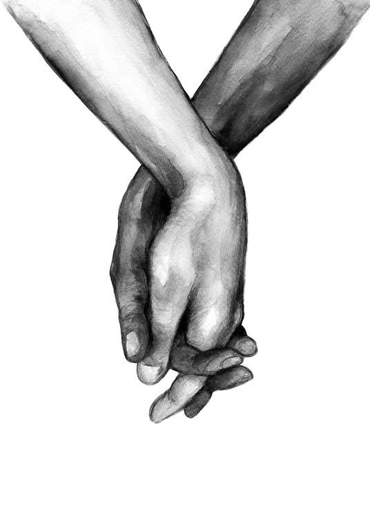 – Sort-hvid akvarel med illustration af to hænder, der holder hinanden
