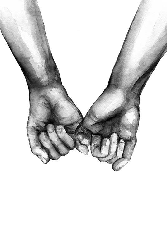  – Akvarel med illustration af to hænder, der holder hinanden i lillefingrene, tegnet i sort og hvid