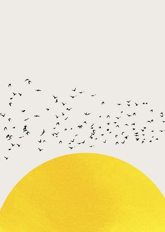  – Grafisk illustration med en gul halvcirkel og en flok fugle på en beige baggrund