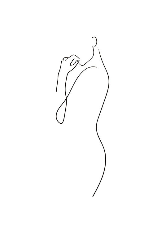  – Tegning i line art-stil af en kvindekrop i sort på hvid baggrund