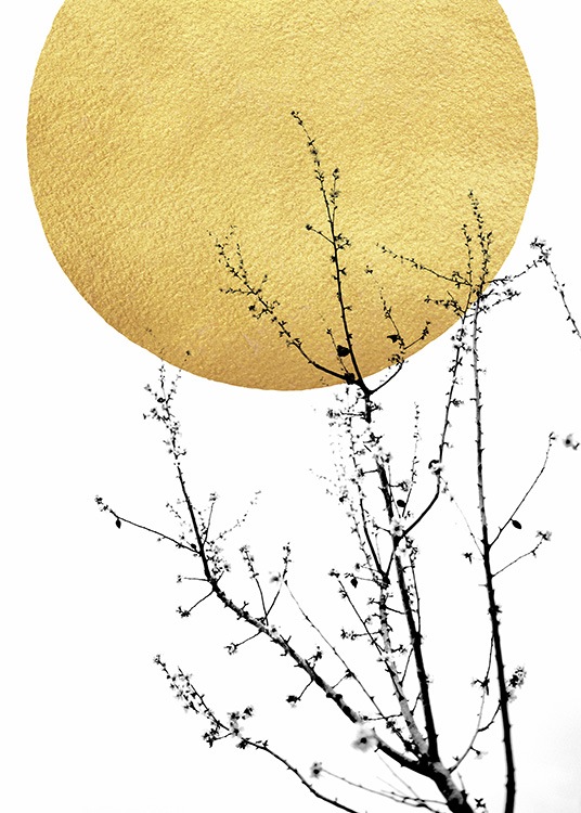 – Abstrakt plakat med en gylden sol og en busk i sort