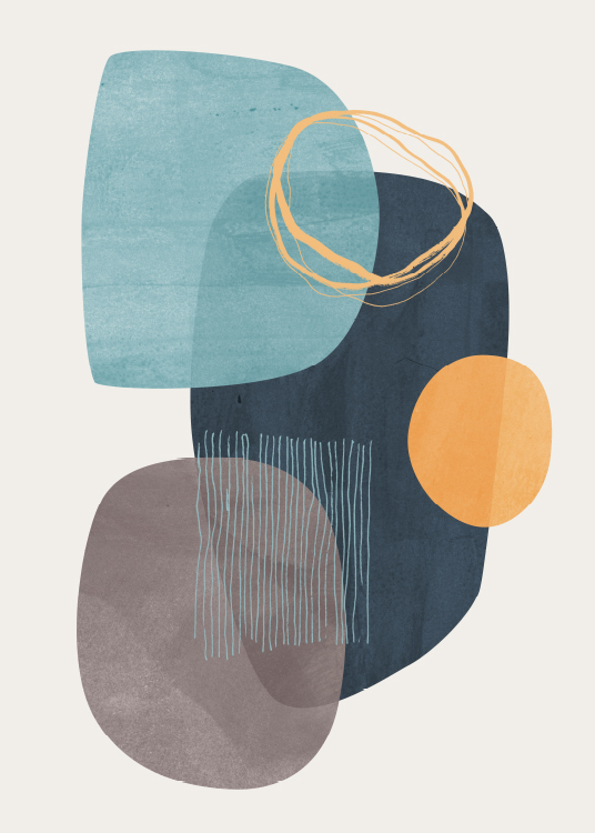  – Abstrakt grafisk kunst med abstrakte figurer i blå og orange på en beige baggrund
