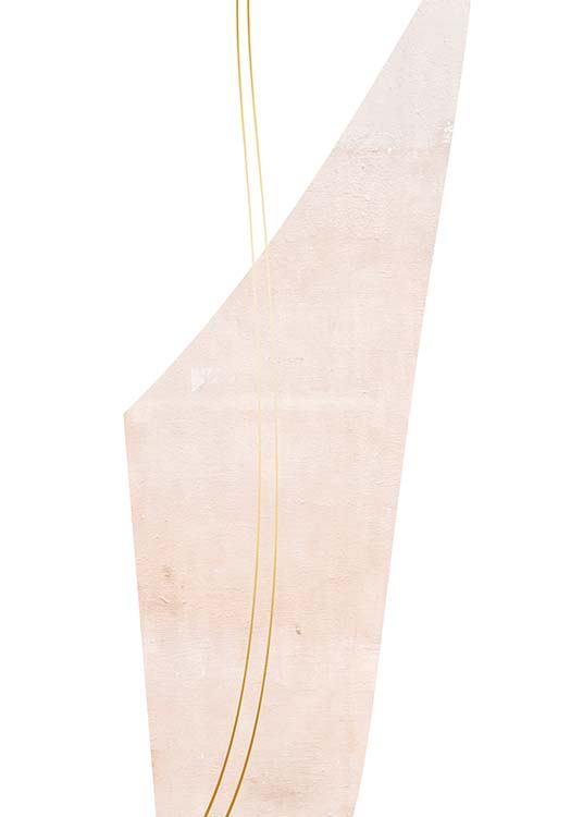 – Plakat af lys pink trekantformet kunst med gyldne snore, der går igennem på en hvid baggrund. 