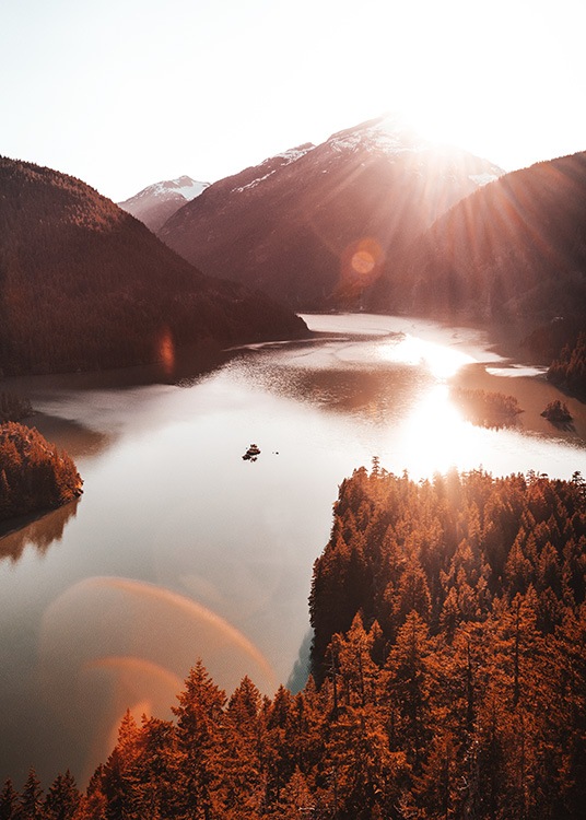  – Fotografi af en rød skov ved en sø i solnedgang