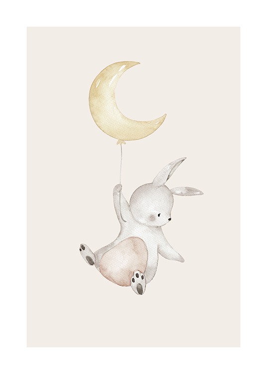  – Sød illustration med en flyvende kanin, der holder fast i en ballon formet som en måne
