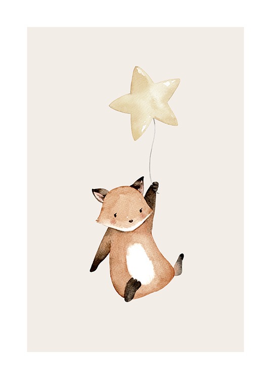  – Sød illustration med en flyvende ræv, der holder fast i en ballon formet som en stjerne