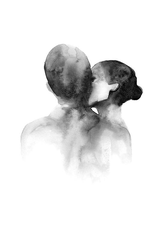  – Sort-hvid akvarel med illustration af en kvinde, der kysser en mand på kinden