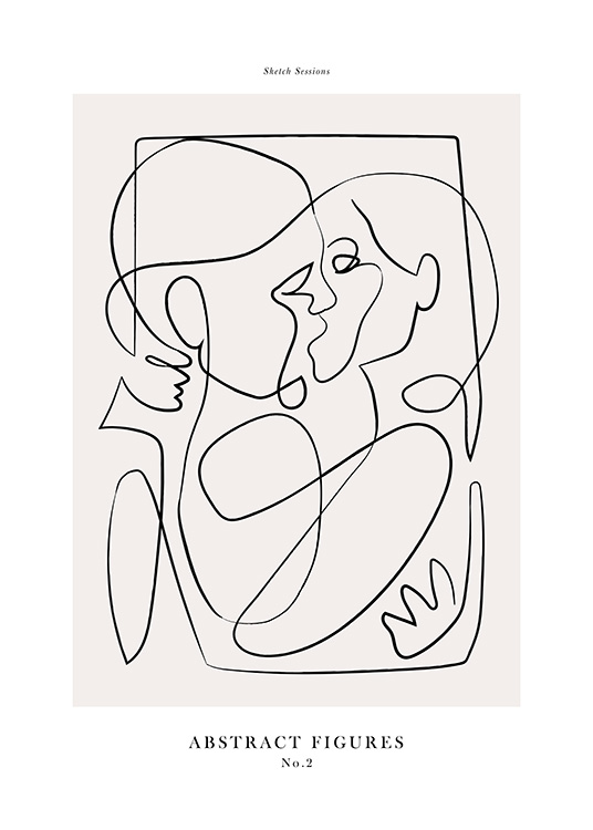  – Abstrakt illustration med to personer tegnet i line art-stil, der kysser og omfavner hinanden