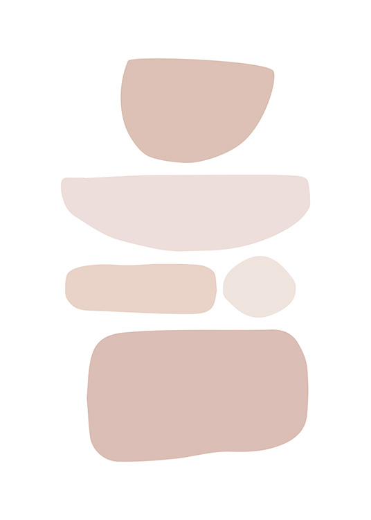 Abstrakt grafisk illustration med figurer i forskellige former i lyserød og beige