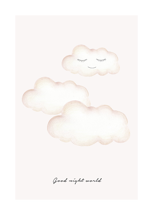 Børneplakater med illustrerede skyer med lukkede øjne og tekst nedenunder