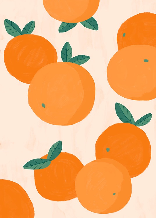 Grafisk illustration med appelsiner og lys baggrund