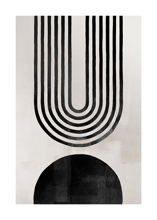  – Abstrakt bue i sort dannet af streger med en sort figur nedenunder på beige baggrund