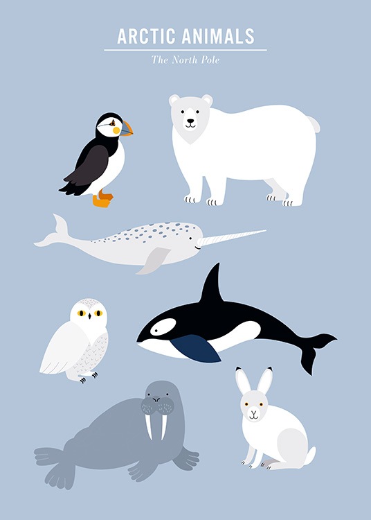  - Børneplakat plakat med en grafisk illustration i blåt og arktiske dyr