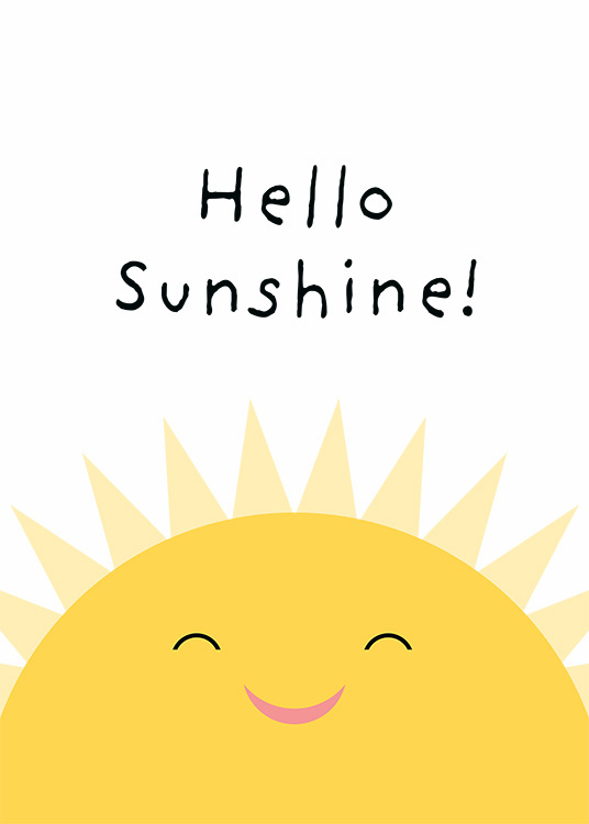  - Grafisk illustration med Hello Sunshine skrevet over en smilende sol