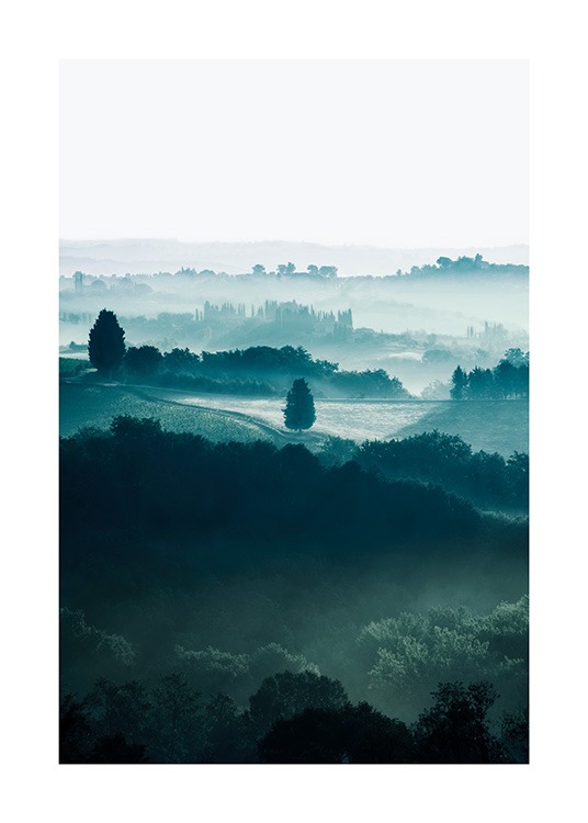  - Naturplakat med fotografi af træer på marker i Toscana dækket af tåge og dis