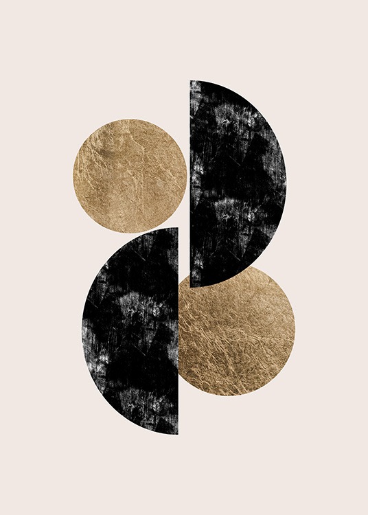  - Kunstplakat med geometriske former – to guldfarvede cirkler og to sorte halvcirkler med hvide detaljer – på en beige baggrund