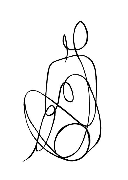- Line art-illustration med en siddende kvinde tegnet i sort på hvid baggrund