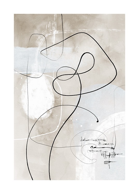  – Illustration med abstrakte former og streger i sort og hvid på en beige akvarelbaggrund