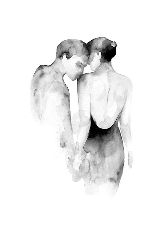  – Sort-hvid akvarel med illustration af en kvinde, der kysses på skulderen af en mand