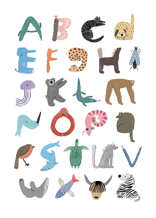 - Plakat med dyr, der illustrerer det engelske alfabet med bogstaverne A til Z på en lærerig måde
