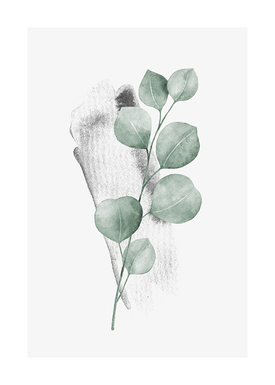  – Akvarel, der forestiller en lille eukalyptusgren med grønne blade, på en lysegrå baggrund