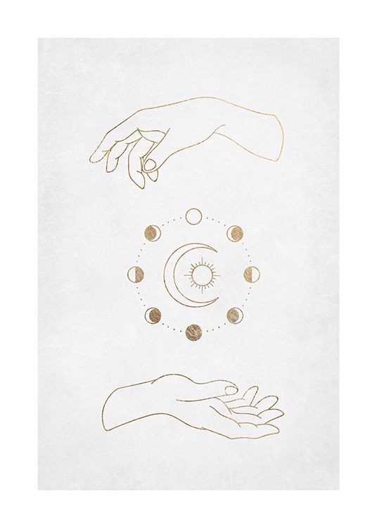  – Grafisk illustration, der forestiller to hænder med gyldne cirkler og en måne og sol mellem dem