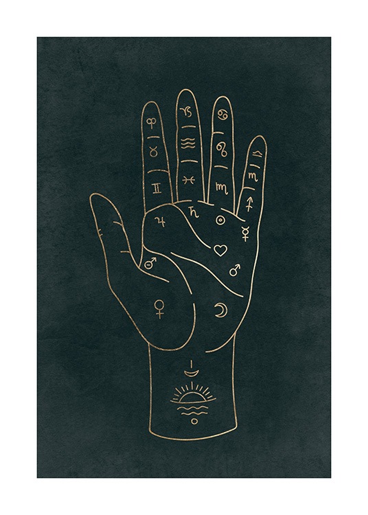  – Grafisk illustration med astronomiske tegn på indersiden af en hånd