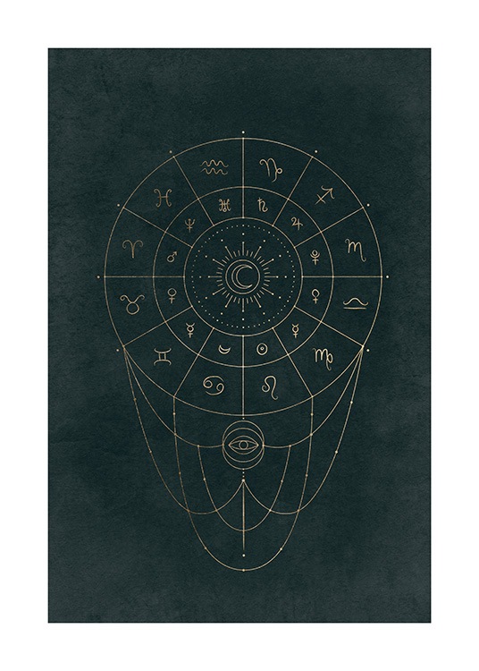  – Grafisk illustration med guldcirkel og astronomiske tegn