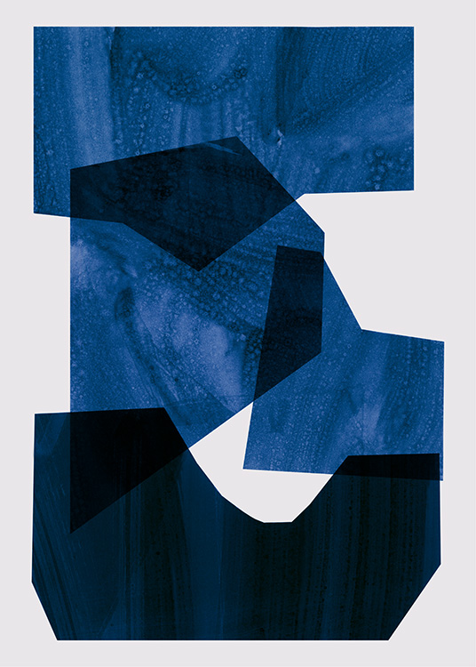  – Abstrakt illustration med grafiske figurer i mørke- og lyseblåt på en beige baggrund