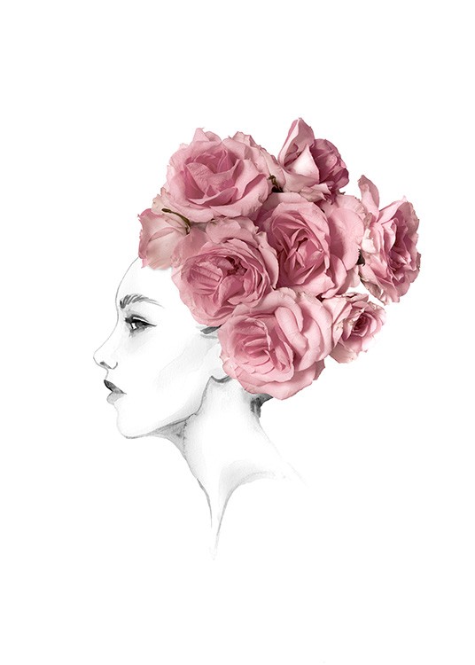  – Skitse af en kvinde i sort-hvid med lyserøde roser i håret som en hårknold