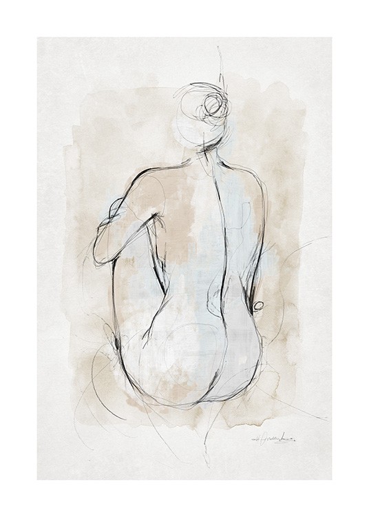  – Akvarel med en skitse af en krop på en beige og grå baggrund