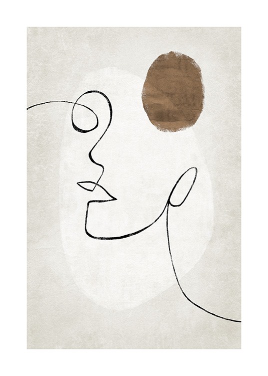  – Illustration med abstrakte figurer og et ansigt i line art-stil på en beige baggrund