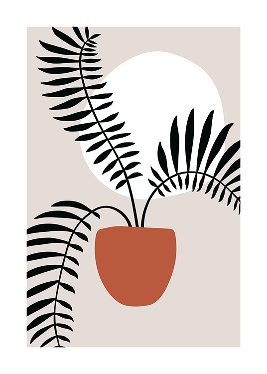  – Grafisk illustration med en orange potte, der indeholder tre sorte planter, og en hvid cirkel i baggrunden