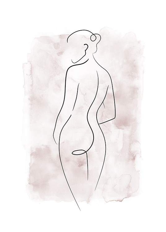 - Tegning af en nøgen kvinde i line art-stil med en lyserød akvarelbaggrund