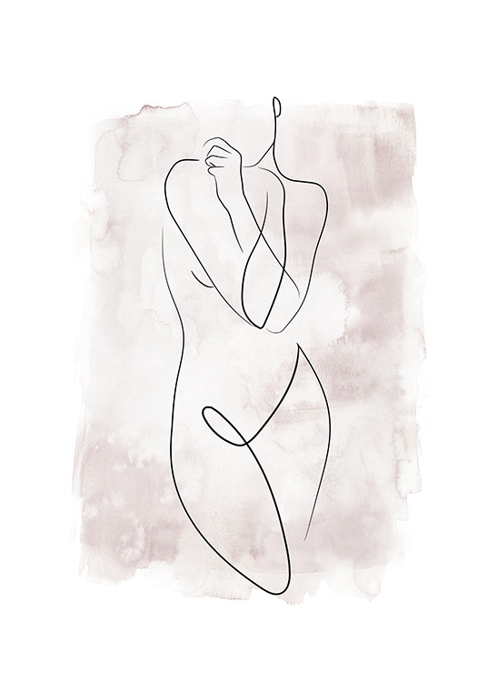  - Tegning i line art-stil af en nøgen kvindekrop på en lyserød akvarelbaggrund