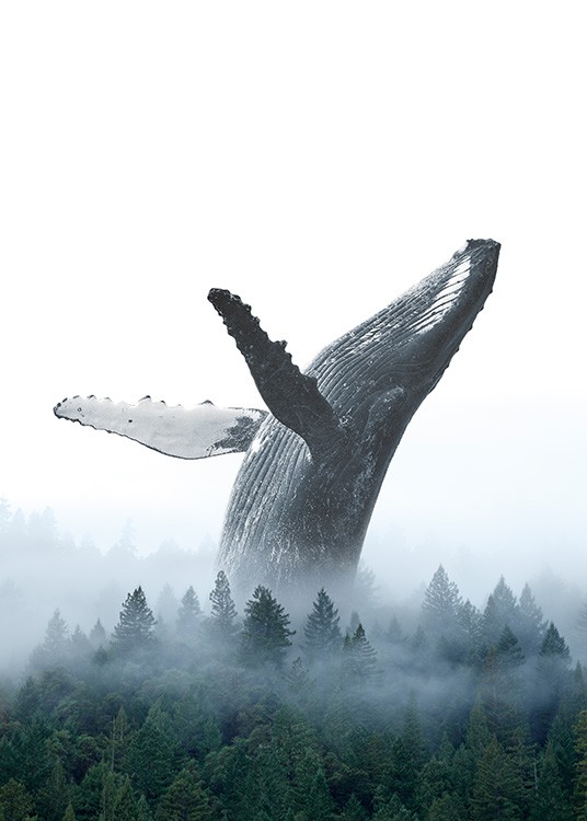  - Fotokunstplakat med en hval, der kaster sig baglæns i en tågeindhyllet skov