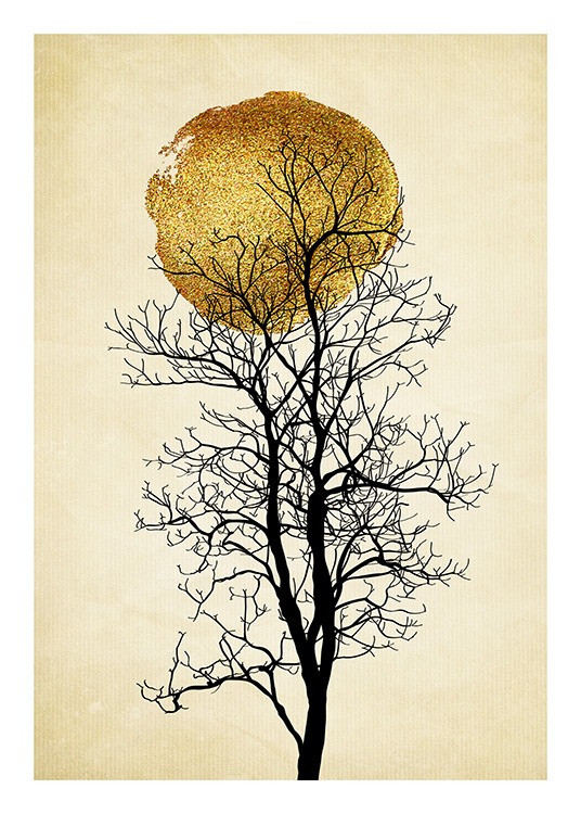 - Grafisk kunstplakat med en gylden sol bag et sort træ på en beige baggrund med striber