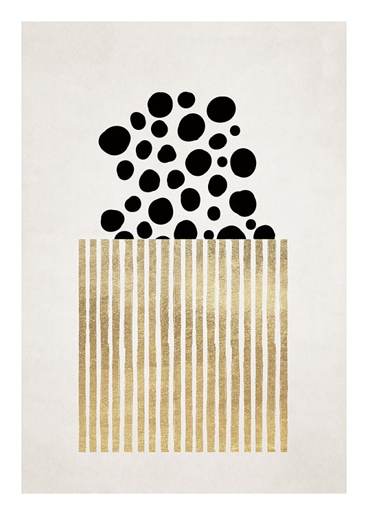  - Grafisk plakat med guldstriber, der dækker en gruppe sorte cirkler på en beige baggrund