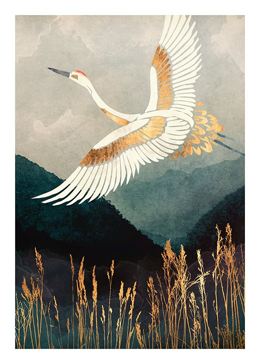  - Grafisk illustration med en trane i hvid og guld, der flyver over et bjerglandskab og højt græs