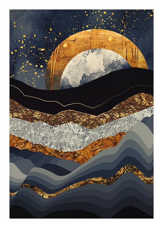  - Grafisk illustration, der forestiller et blåt bjerglandskab med en gylden måne i baggrunden