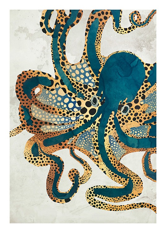  - Grafisk illustration med en orange og blå blæksprutte på en beige baggrund