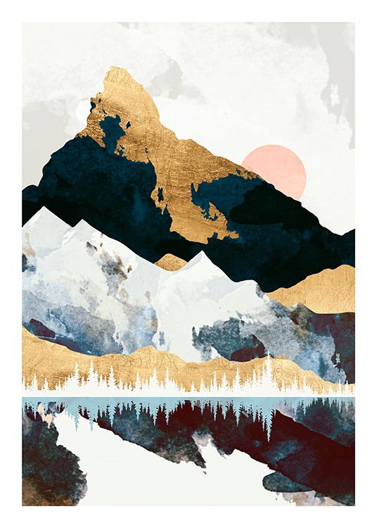  - Grafisk illustration, der forestiller et landskab med bjerge og en måne, der genspejles i en sø