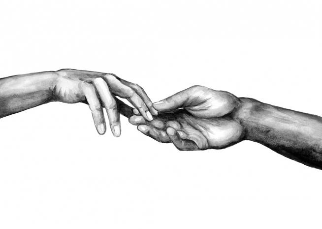  - Sort-hvid akvarel med to hænder, der rækker ud efter hinanden