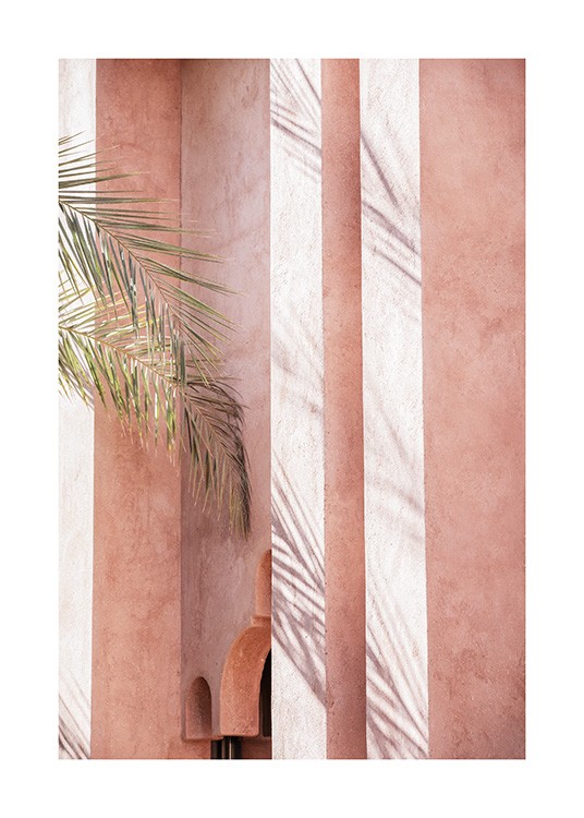  - Fotografi af palmeblade, der hviler mod en lyserød bygning