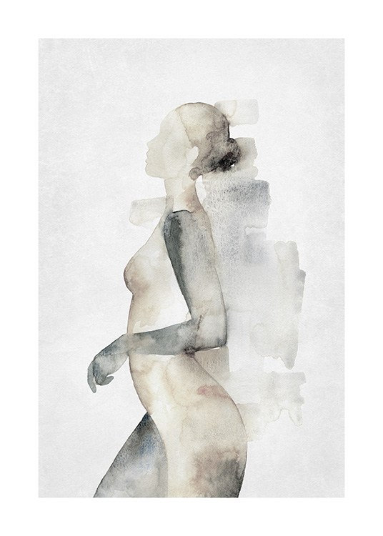  – Akvarel med en nøgen kvindekrop i beige og grå set fra siden